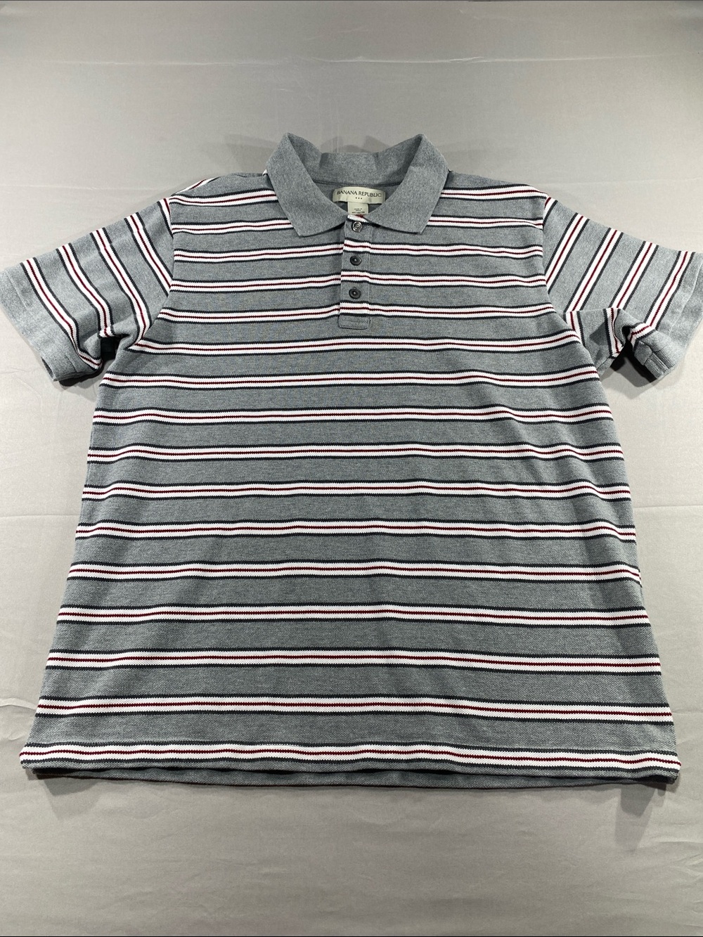 Banana Republic Gray Striped Polo with Red and White Accents
